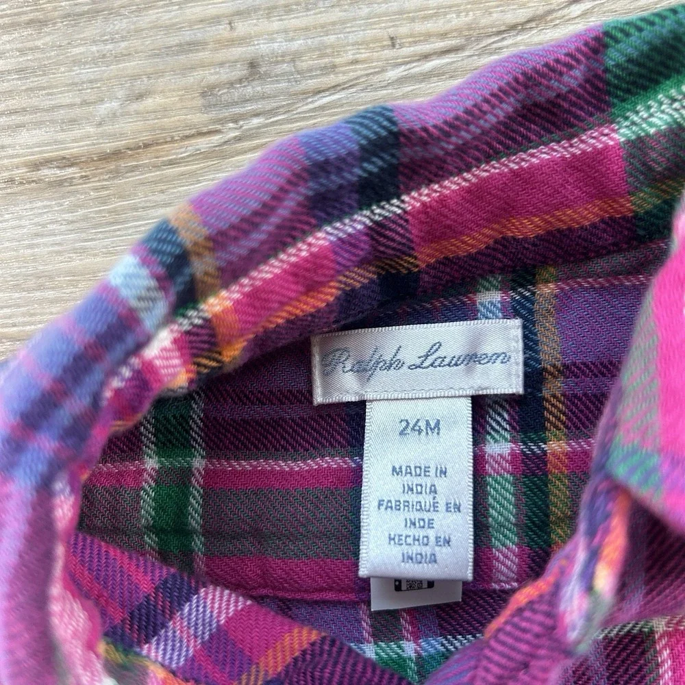 Ralph Lauren 24M Pink Plaid Long Sleeve Shirt Dress Baby Girls Embroidered Pony